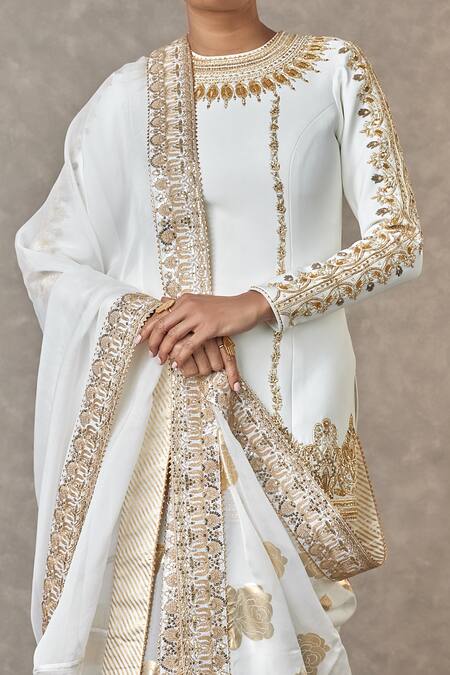 Buy_Masaba_Ivory Crepe, Organza Embroidery, Sequins Round Neck Gulaab Kurta Sharara Set_Online_at_Aza_Fashions