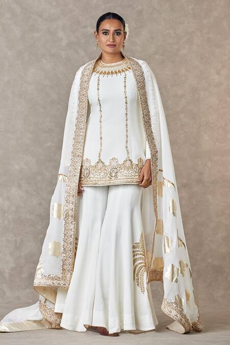 Shop_Masaba_Ivory Crepe, Organza Embroidery, Sequins Round Neck Gulaab Kurta Sharara Set_Online_at_Aza_Fashions