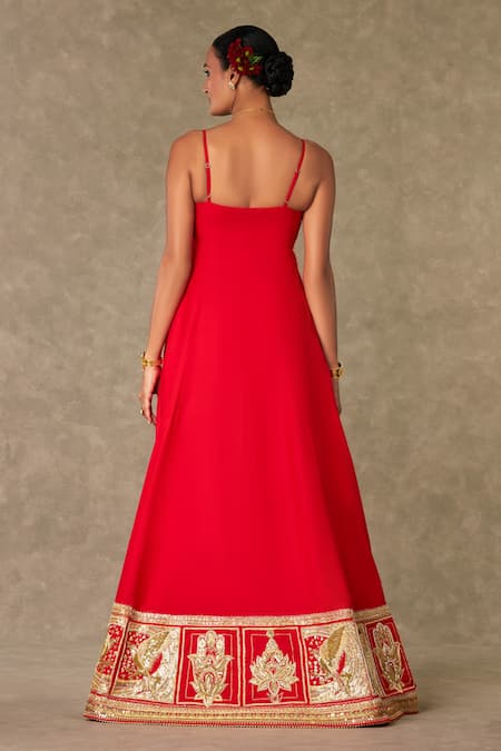 Shop Masaba Red Cotton, Silk Embroidery, Haath Phool Pattern Front Slit Anarkali Palazzo Set at Aza Fashions Shop_Masaba_Red Cotton, Silk Embroidery, Haath Phool Pattern Front Slit Anarkali Palazzo Set _at_Aza_Fashions