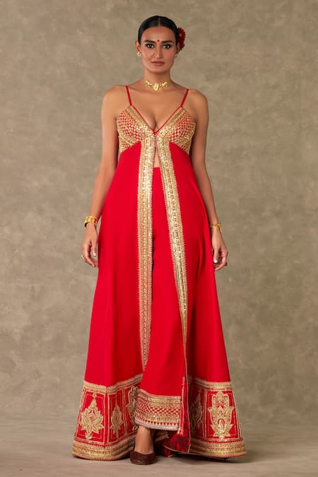 Masaba Red Cotton, Silk Embroidery, Haath Phool Pattern Front Slit Anarkali Palazzo Set Online at Aza Fashions Masaba_Red Cotton, Silk Embroidery, Haath Phool Pattern Front Slit Anarkali Palazzo Set _Online_at_Aza_Fashions