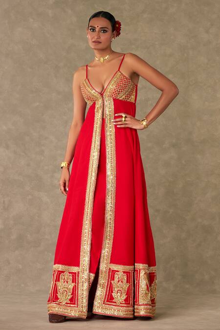 Shop Masaba Red Cotton, Silk Embroidery, Haath Phool Pattern Front Slit Anarkali Palazzo Set Online at Aza Fashions Shop_Masaba_Red Cotton, Silk Embroidery, Haath Phool Pattern Front Slit Anarkali Palazzo Set _Online_at_Aza_Fashions