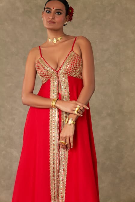 Masaba Red Cotton, Silk Embroidery, Haath Phool Pattern Front Slit Anarkali Palazzo Set at Aza Fashions Masaba_Red Cotton, Silk Embroidery, Haath Phool Pattern Front Slit Anarkali Palazzo Set _at_Aza_Fashions