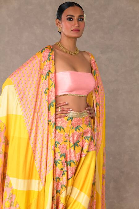 Masaba_Yellow Bandeau Neck Candy Swirl And Wallflower Print Cape Pant Set_Online_at_Aza_Fashions