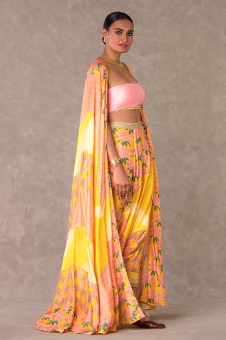 Buy_Masaba_Yellow Bandeau Neck Candy Swirl And Wallflower Print Cape Pant Set_Online_at_Aza_Fashions