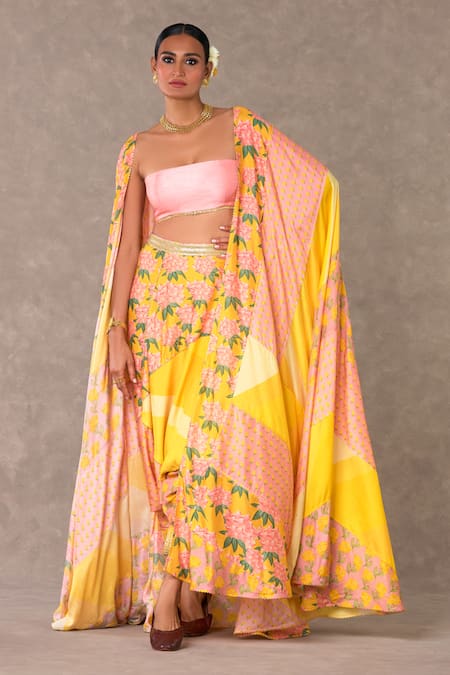 Shop_Masaba_Yellow Bandeau Neck Candy Swirl And Wallflower Print Cape Pant Set_Online_at_Aza_Fashions
