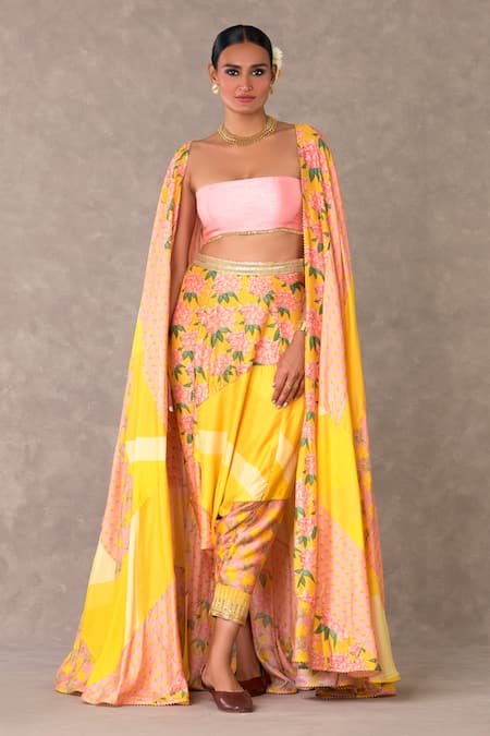 Masaba_Yellow Bandeau Neck Candy Swirl And Wallflower Print Cape Pant Set_at_Aza_Fashions
