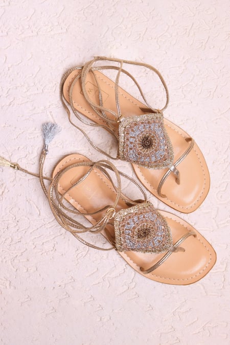Shop Sandalwali Gold Embroidery Angelina Hand Crocheted Tie-up Sandals at Aza Fashions Shop_Sandalwali_Gold Embroidery Angelina Hand Crocheted Tie-up Sandals _at_Aza_Fashions