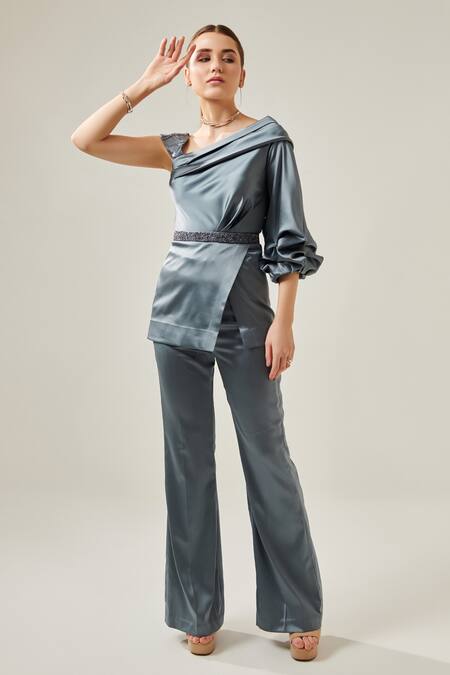 One Knot One By Ashna Grey Satin Sequins Asymmetric One Shoulder Top With Pant Online at Aza Fashions One Knot One By Ashna_Grey Satin Sequins Asymmetric One Shoulder Top With Pant_Online_at_Aza_Fashions