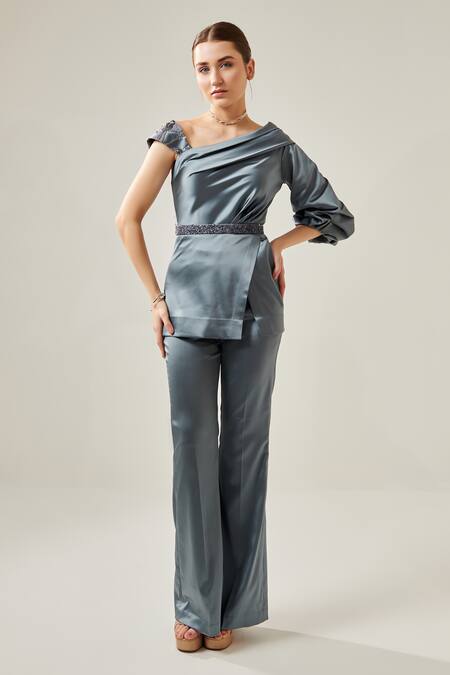 Buy One Knot One By Ashna Grey Satin Sequins Asymmetric One Shoulder Top With Pant Online at Aza Fashions Buy_One Knot One By Ashna_Grey Satin Sequins Asymmetric One Shoulder Top With Pant_Online_at_Aza_Fashions