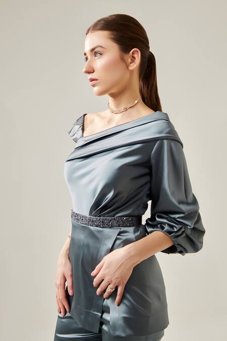 One Knot One By Ashna Grey Satin Sequins Asymmetric One Shoulder Top With Pant at Aza Fashions One Knot One By Ashna_Grey Satin Sequins Asymmetric One Shoulder Top With Pant_at_Aza_Fashions