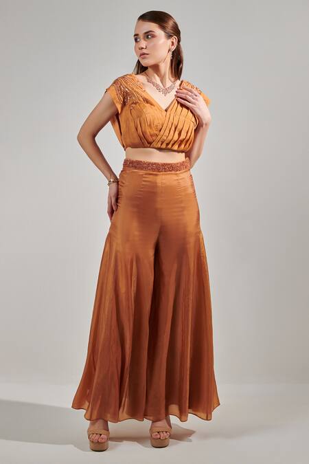 One Knot One By Ashna_Yellow Organza, Silk Cut Work, Sequins Placement Embellished Blouse With Sharara_Online_at_Aza_Fashions