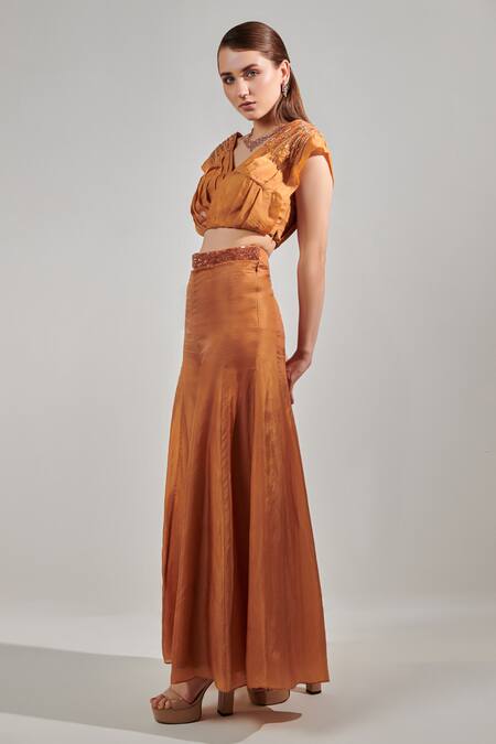 Shop_One Knot One By Ashna_Yellow Organza, Silk Cut Work, Sequins Placement Embellished Blouse With Sharara_Online_at_Aza_Fashions