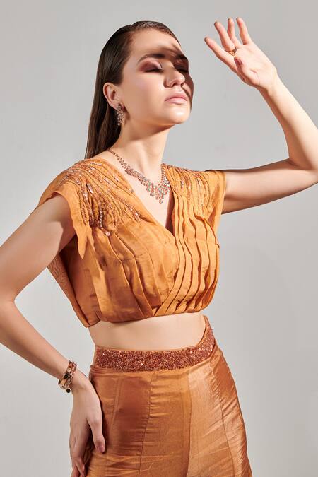 One Knot One By Ashna_Yellow Organza, Silk Cut Work, Sequins Placement Embellished Blouse With Sharara_at_Aza_Fashions