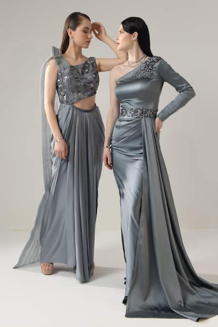 Buy_One Knot One By Ashna_Grey Satin, Organza Sequin Embellished Draped Saree Gown _Online_at_Aza_Fashions
