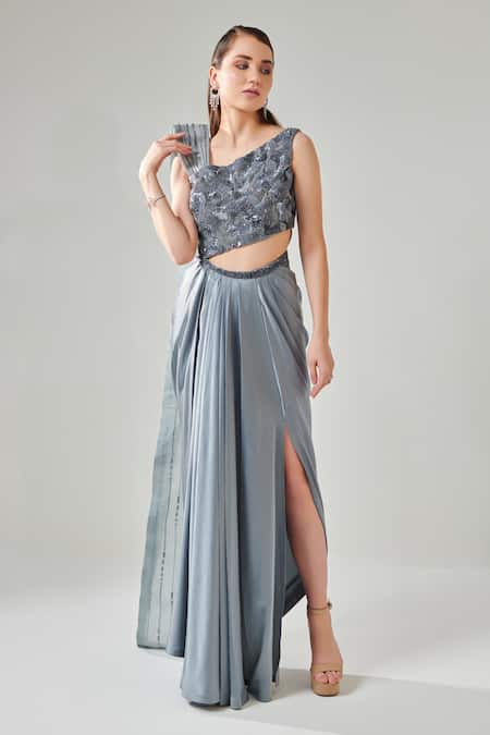 Shop_One Knot One By Ashna_Grey Satin, Organza Sequin Embellished Draped Saree Gown _Online_at_Aza_Fashions