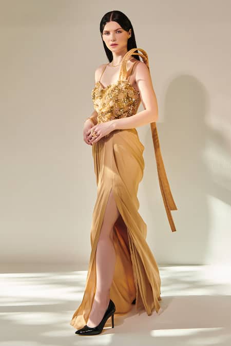 One Knot One By Ashna Gold Crepe, Satin, Organza Sequins, Beads, Cut Work Embellished Bodice Gown Online at Aza Fashions One Knot One By Ashna_Gold Crepe, Satin, Organza Sequins, Beads, Cut Work Embellished Bodice Gown _Online_at_Aza_Fashions