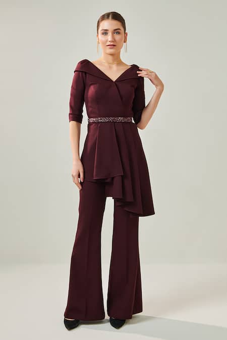 One Knot One Wine Banana Crepe Lycra Plain Spread V Neck Asymmetric Top With Pant