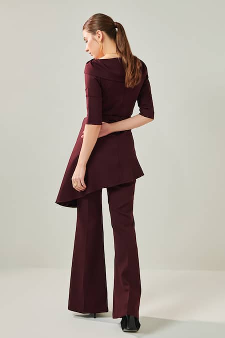 One Knot One By Ashna Wine Lycra, Crepe V-neck Asymmetric Top With Pant Online at Aza Fashions One Knot One By Ashna_Wine Lycra, Crepe V-neck Asymmetric Top With Pant _Online_at_Aza_Fashions