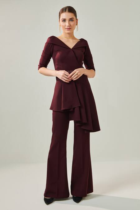 Buy One Knot One By Ashna Wine Lycra, Crepe V-neck Asymmetric Top With Pant Online at Aza Fashions Buy_One Knot One By Ashna_Wine Lycra, Crepe V-neck Asymmetric Top With Pant _Online_at_Aza_Fashions