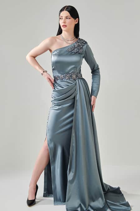 One Knot One Grey Heavyweight Satin Placement Embellished Side Trail Gown With Belt