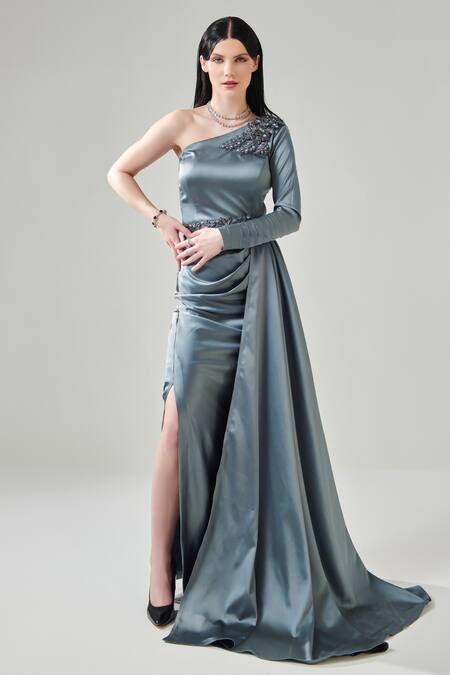 Buy One Knot One By Ashna Grey Satin Beads, Rhinestones, Placement Embellished Side Trail Gown With Belt Online at Aza Fashions Buy_One Knot One By Ashna_Grey Satin Beads, Rhinestones, Placement Embellished Side Trail Gown With Belt _Online_at_Aza_Fashions
