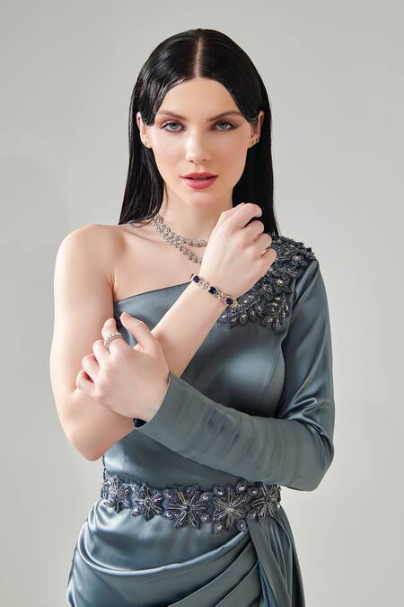 Shop One Knot One By Ashna Grey Satin Beads, Rhinestones, Placement Embellished Side Trail Gown With Belt Online at Aza Fashions Shop_One Knot One By Ashna_Grey Satin Beads, Rhinestones, Placement Embellished Side Trail Gown With Belt _Online_at_Aza_Fashions