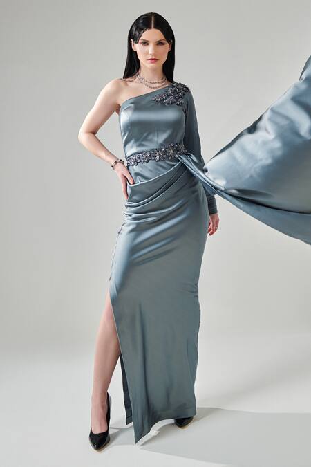 One Knot One By Ashna Grey Satin Beads, Rhinestones, Placement Embellished Side Trail Gown With Belt at Aza Fashions One Knot One By Ashna_Grey Satin Beads, Rhinestones, Placement Embellished Side Trail Gown With Belt _at_Aza_Fashions