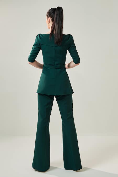 One Knot One By Ashna Green Lycra, Crepe V-neck Asymmetric Structured Top With Pant Online at Aza Fashions One Knot One By Ashna_Green Lycra, Crepe V-neck Asymmetric Structured Top With Pant _Online_at_Aza_Fashions