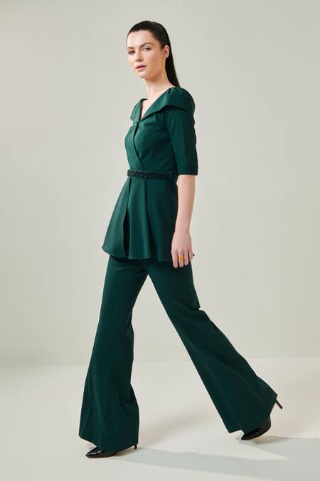 Shop One Knot One By Ashna Green Lycra, Crepe V-neck Asymmetric Structured Top With Pant Online at Aza Fashions Shop_One Knot One By Ashna_Green Lycra, Crepe V-neck Asymmetric Structured Top With Pant _Online_at_Aza_Fashions