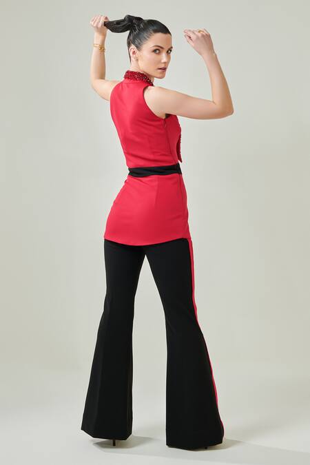 Shop One Knot One By Ashna Red Lycra Sequins, Beads Shawl Neck Hand Embroidered Collar Top Pant Set at Aza Fashions Shop_One Knot One By Ashna_Red Lycra Sequins, Beads Shawl Neck Hand Embroidered Collar Top Pant Set_at_Aza_Fashions