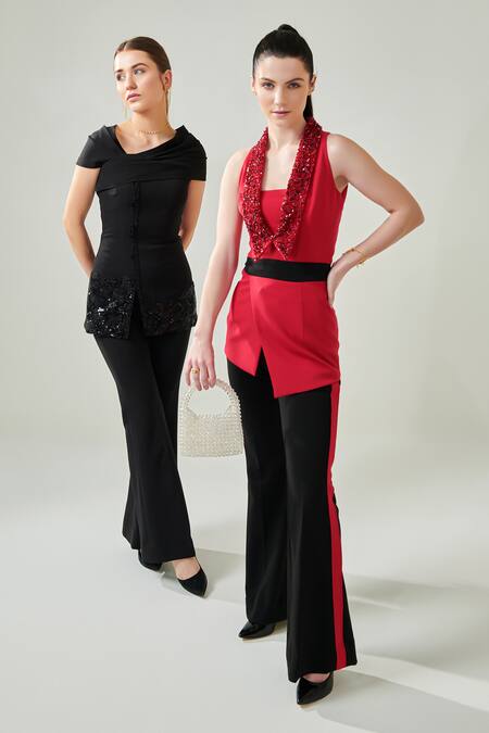 One Knot One By Ashna Red Lycra Sequins, Beads Shawl Neck Hand Embroidered Collar Top Pant Set Online at Aza Fashions One Knot One By Ashna_Red Lycra Sequins, Beads Shawl Neck Hand Embroidered Collar Top Pant Set_Online_at_Aza_Fashions
