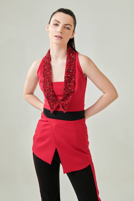 Shop One Knot One By Ashna Red Lycra Sequins, Beads Shawl Neck Hand Embroidered Collar Top Pant Set Online at Aza Fashions Shop_One Knot One By Ashna_Red Lycra Sequins, Beads Shawl Neck Hand Embroidered Collar Top Pant Set_Online_at_Aza_Fashions