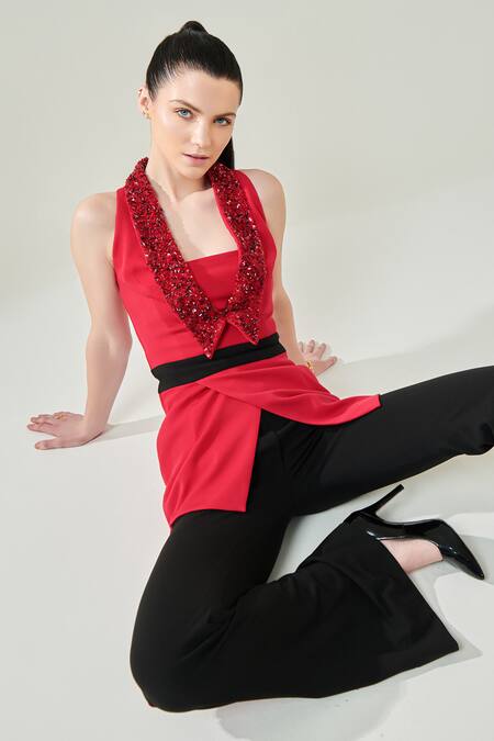 One Knot One By Ashna Red Lycra Sequins, Beads Shawl Neck Hand Embroidered Collar Top Pant Set at Aza Fashions One Knot One By Ashna_Red Lycra Sequins, Beads Shawl Neck Hand Embroidered Collar Top Pant Set_at_Aza_Fashions