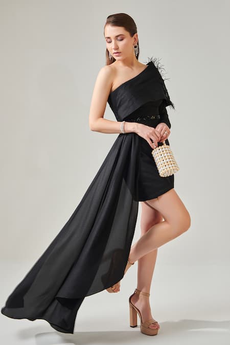 Shop One Knot One By Ashna Black Georgette Cut Work, Sequins, Beads, Feathers, Power Draped Dress Online at Aza Fashions Shop_One Knot One By Ashna_Black Georgette Cut Work, Sequins, Beads, Feathers, Power Draped Dress _Online_at_Aza_Fashions