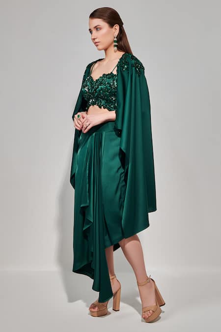 Buy One Knot One By Ashna Emerald Green Satin Embroidery Sweetheart Neck Draped Skirt Set With Cape Online at Aza Fashions Buy_One Knot One By Ashna_Emerald Green Satin Embroidery Sweetheart Neck Draped Skirt Set With Cape _Online_at_Aza_Fashions