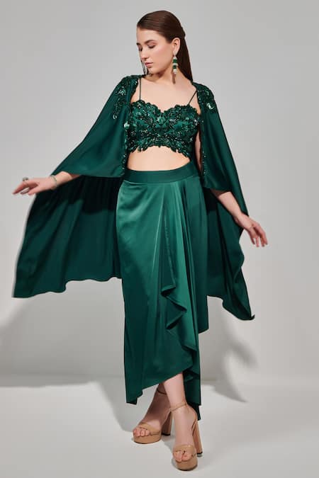 Shop One Knot One By Ashna Emerald Green Satin Embroidery Sweetheart Neck Draped Skirt Set With Cape Online at Aza Fashions Shop_One Knot One By Ashna_Emerald Green Satin Embroidery Sweetheart Neck Draped Skirt Set With Cape _Online_at_Aza_Fashions