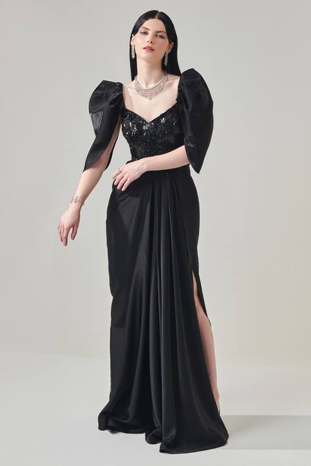 Buy One Knot One By Ashna Black Silk, Satin Sequins, Beads Voluminous Sleeve Embroidered Draped Gown Online at Aza Fashions Buy_One Knot One By Ashna_Black Silk, Satin Sequins, Beads Voluminous Sleeve Embroidered Draped Gown _Online_at_Aza_Fashions