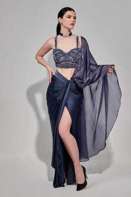 Buy One Knot One By Ashna Grey Crepe, Silk , Embroidery, Solid Pre-draped Saree With Blouse Online at Aza Fashions Buy_One Knot One By Ashna_Grey Crepe, Silk , Embroidery, Solid Pre-draped Saree With Blouse _Online_at_Aza_Fashions