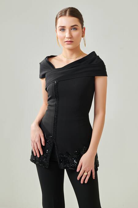 Buy One Knot One By Ashna Black Lycra, Crepe Beads, Sequins, Placement Embellished Draped Top And Pant Set Online at Aza Fashions Buy_One Knot One By Ashna_Black Lycra, Crepe Beads, Sequins, Placement Embellished Draped Top And Pant Set _Online_at_Aza_Fashions