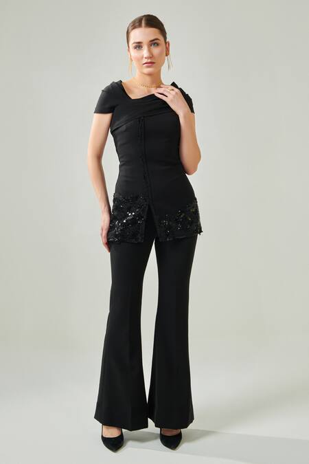 Shop One Knot One By Ashna Black Lycra, Crepe Beads, Sequins, Placement Embellished Draped Top And Pant Set Online at Aza Fashions Shop_One Knot One By Ashna_Black Lycra, Crepe Beads, Sequins, Placement Embellished Draped Top And Pant Set _Online_at_Aza_Fashions