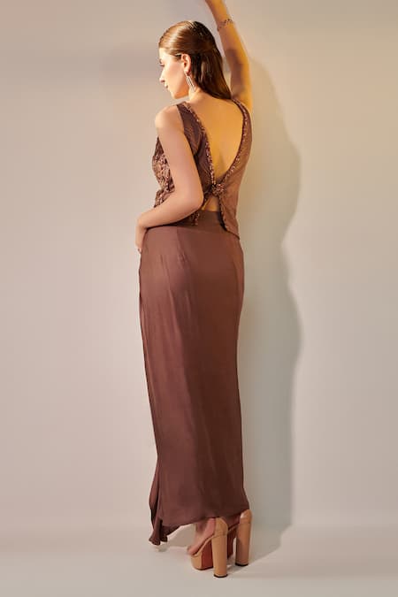 One Knot One By Ashna Brown , Satin Sequins, Sleeveless Embroidered Jacket And Draped Skirt Set Online at Aza Fashions One Knot One By Ashna_Brown , Satin Sequins, Sleeveless Embroidered Jacket And Draped Skirt Set _Online_at_Aza_Fashions