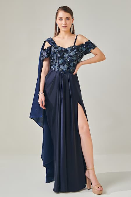 One Knot One Off Shoulder Embroidered Draped Gown 