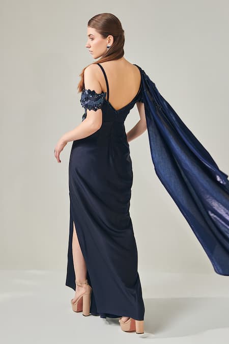 One Knot One By Ashna Blue Denim, Organza Sequins, Beads Off Shoulder Embroidered Draped Gown Online at Aza Fashions One Knot One By Ashna_Blue Denim, Organza Sequins, Beads Off Shoulder Embroidered Draped Gown _Online_at_Aza_Fashions