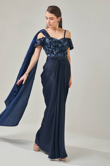 Buy One Knot One By Ashna Blue Denim, Organza Sequins, Beads Off Shoulder Embroidered Draped Gown Online at Aza Fashions Buy_One Knot One By Ashna_Blue Denim, Organza Sequins, Beads Off Shoulder Embroidered Draped Gown _Online_at_Aza_Fashions