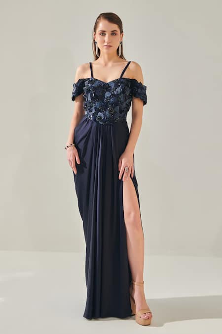 Shop One Knot One By Ashna Blue Denim, Organza Sequins, Beads Off Shoulder Embroidered Draped Gown Online at Aza Fashions Shop_One Knot One By Ashna_Blue Denim, Organza Sequins, Beads Off Shoulder Embroidered Draped Gown _Online_at_Aza_Fashions