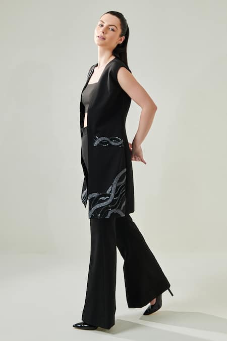Buy One Knot One By Ashna Black Lycra, Crepe Cut Work, Sequins, Beads Wave Embroidered Blazer Pant Set Online at Aza Fashions Buy_One Knot One By Ashna_Black Lycra, Crepe Cut Work, Sequins, Beads Wave Embroidered Blazer Pant Set _Online_at_Aza_Fashions