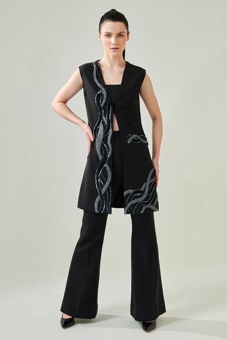 Shop One Knot One By Ashna Black Lycra, Crepe Cut Work, Sequins, Beads Wave Embroidered Blazer Pant Set Online at Aza Fashions Shop_One Knot One By Ashna_Black Lycra, Crepe Cut Work, Sequins, Beads Wave Embroidered Blazer Pant Set _Online_at_Aza_Fashions