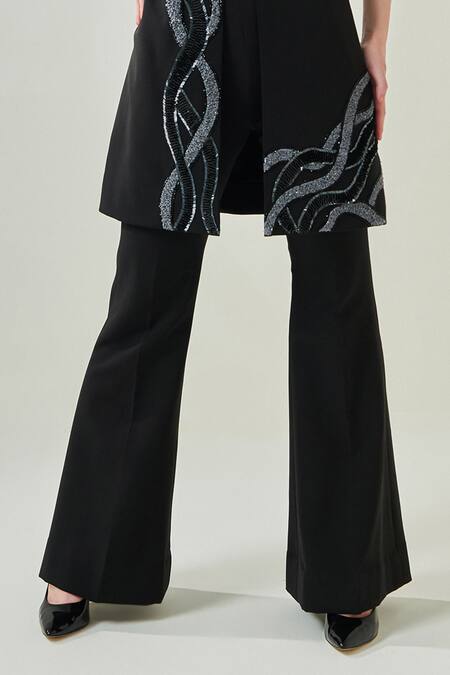 One Knot One By Ashna Black Lycra, Crepe Cut Work, Sequins, Beads Wave Embroidered Blazer Pant Set at Aza Fashions One Knot One By Ashna_Black Lycra, Crepe Cut Work, Sequins, Beads Wave Embroidered Blazer Pant Set _at_Aza_Fashions