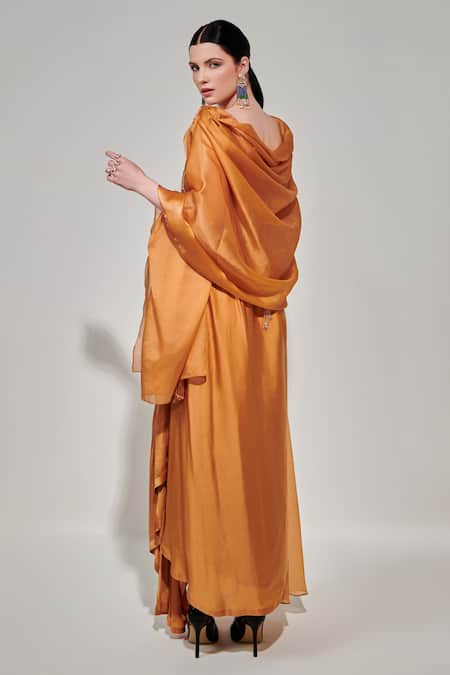 One Knot One By Ashna Yellow Crepe, Silk Satin Beads, Border Embroidered Cowl Cape And Draped Skirt Set Online at Aza Fashions One Knot One By Ashna_Yellow Crepe, Silk Satin Beads, Border Embroidered Cowl Cape And Draped Skirt Set _Online_at_Aza_Fashions