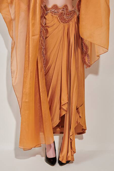 Buy One Knot One By Ashna Yellow Crepe, Silk Satin Beads, Border Embroidered Cowl Cape And Draped Skirt Set Online at Aza Fashions Buy_One Knot One By Ashna_Yellow Crepe, Silk Satin Beads, Border Embroidered Cowl Cape And Draped Skirt Set _Online_at_Aza_Fashions